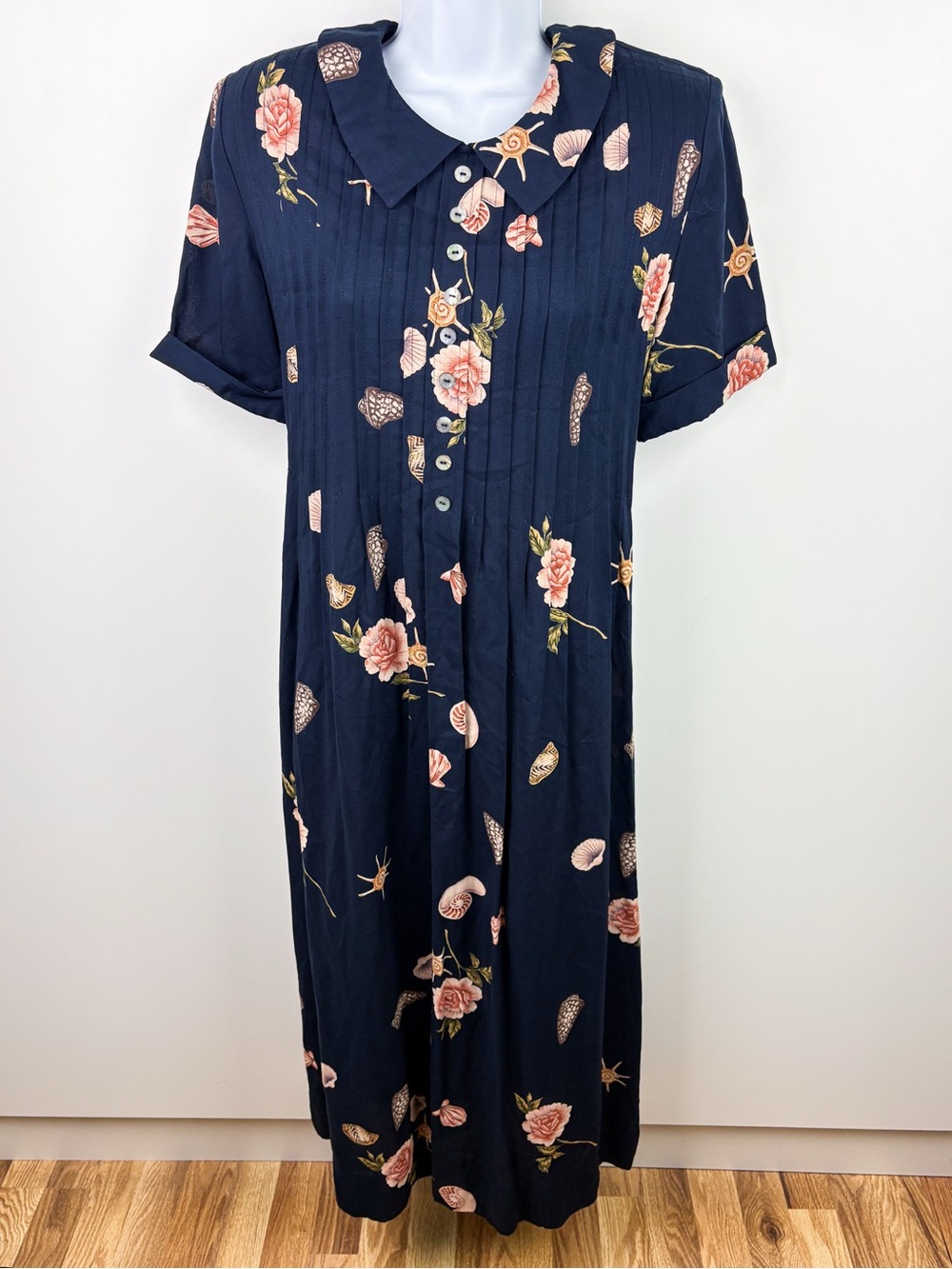 Vintage Seashell Floral Nautical Coastal Peter Pant Collar Button Midi Dress 10